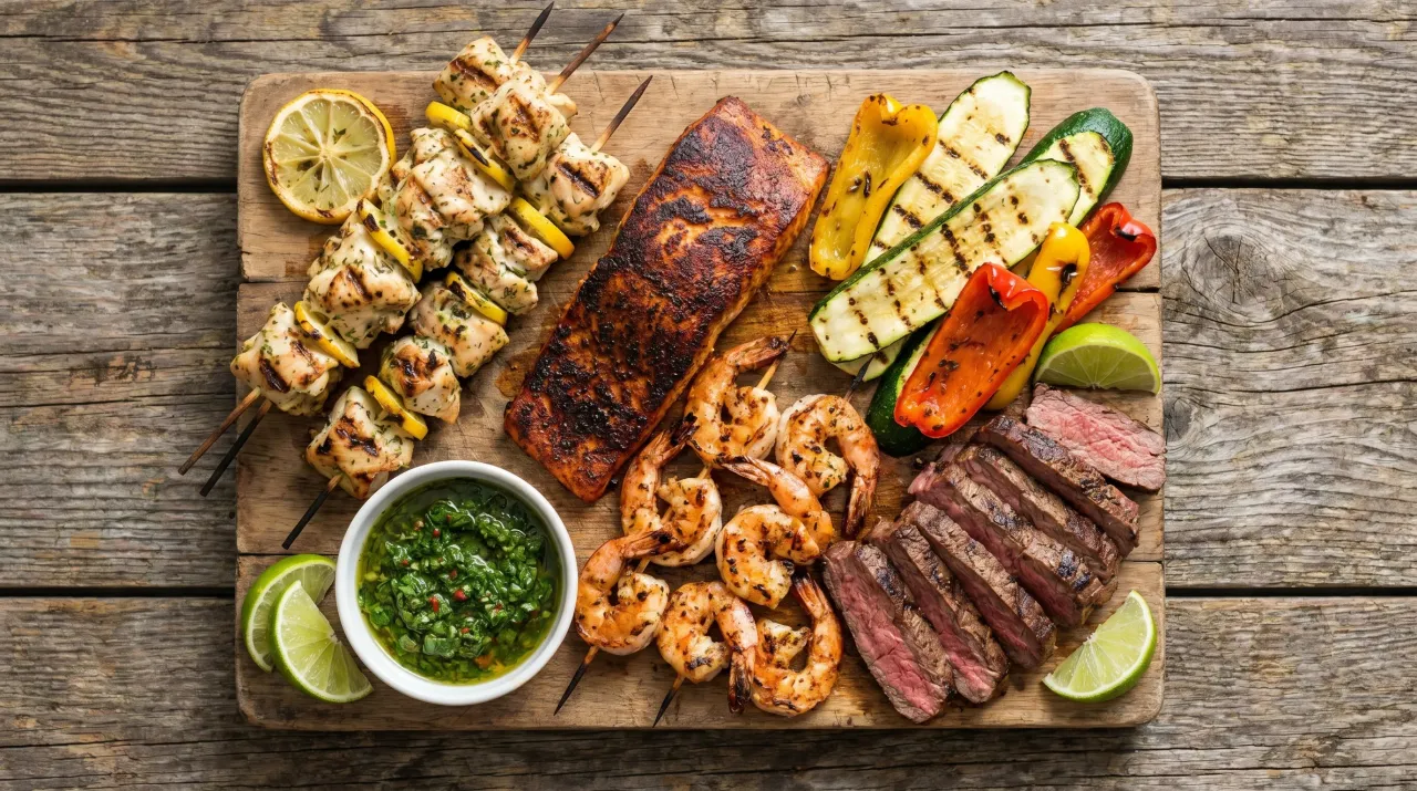 Grilled high-protein BBQ platter with lemon-herb chicken skewers, blackened salmon, garlic shrimp, sliced sirloin steak, grilled vegetables, chimichurri, and lime wedges
