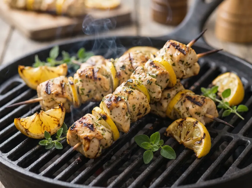 Grilled lemon-herb chicken skewers with char marks on a cast-iron grill pan, garnished with fresh oregano and lemon wedges