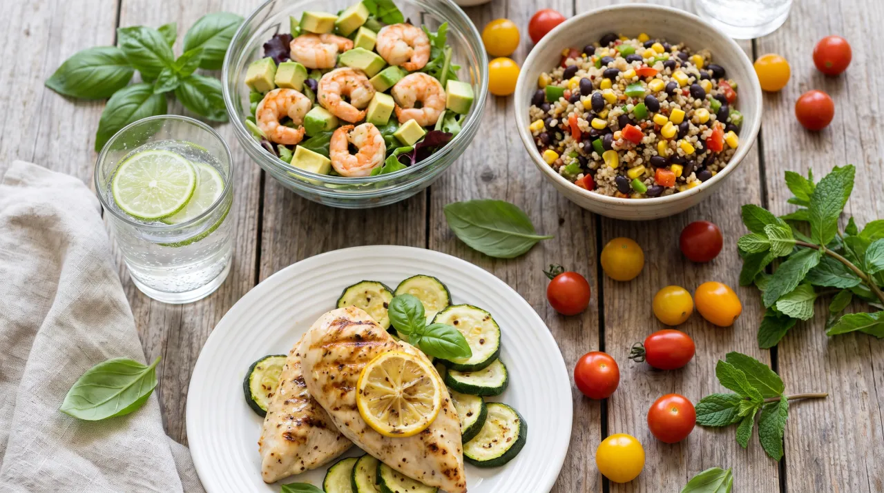 Light summer dinner spread with grilled lemon chicken and zucchini, chilled shrimp and avocado salad, a quinoa black bean bowl, and sparkling water with lime