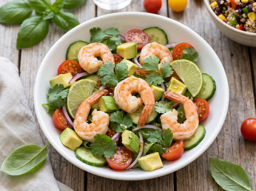 Chilled shrimp and avocado salad in a white bowl with cherry tomatoes, cucumber, and lime on a bright summer table